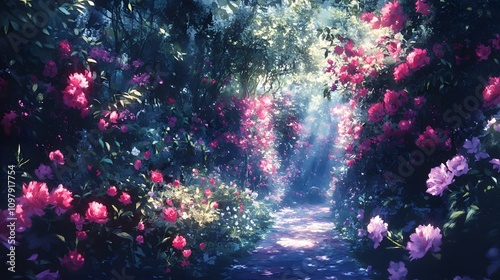 Wallpaper Mural Enchanting floral pathway bathed in soft sunlight and vibrant colors. Torontodigital.ca