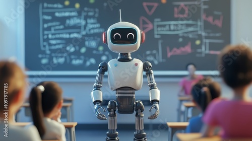 Humanoid robot teacher instructs students in hightech classroom setting