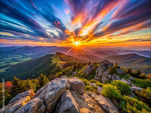 Majestic Long Exposure Scenic View from a Mountain Peak at Sunset with Stunning Cloud Movements and Vibrant Sky Colors Overlooking Serene Valleys Below