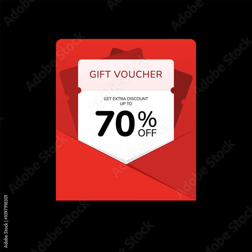Gift voucher with extra discount bonus up to seventy percent off with red envelope. Vector design for promo, marketing, promotion, web, marketplace or social media.