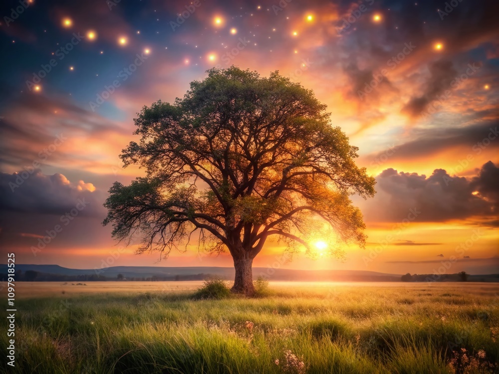 Majestic Old Black Tree in a Serene Evening Field with Beautiful Bokeh Effect, Capturing the Tranquility of Nature at Dusk and the Enchantment of Twilight Lighting Majestic Old Black Tree in a Serene Evening Field with Beautiful Bokeh Effect, Capturing the Tranquility of Nature at Dusk and the Enchantment of Twilight Lighting