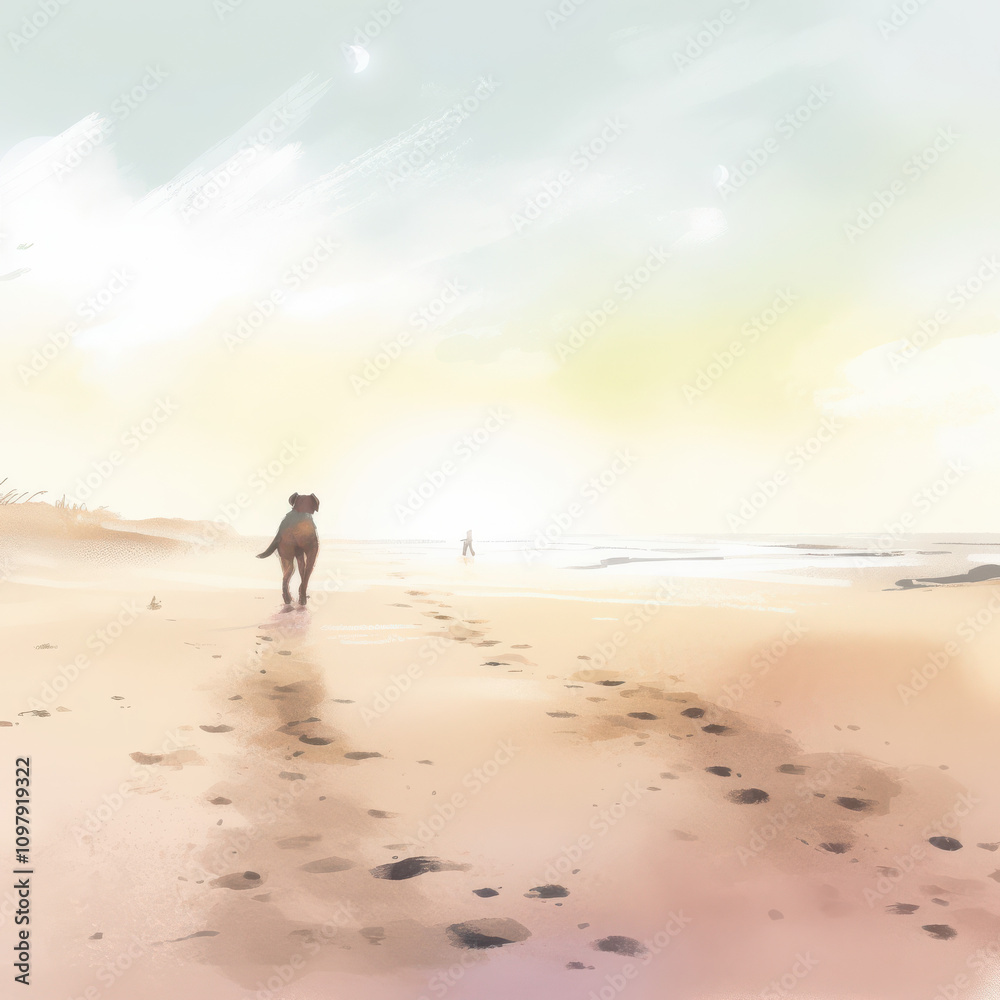 Pastel image of dog walking on the beach with paw prints