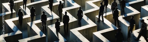 Aerial view of silhouettes navigating a labyrinth, symbolizing challenges in decision-making and the complexity of modern life. photo