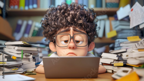 Tired boy with curly hair and glasses using laptop computer in library with a desk of cluttered books and papers