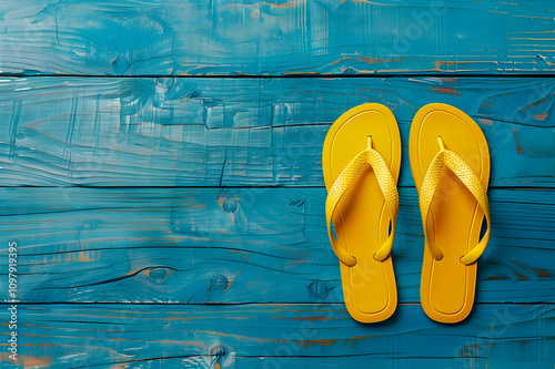 top view of yellow flip flops on wooden blue background, panoramic shot photo