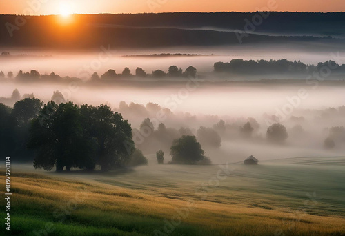 Majestic sunrise over a misty landscape with trees and rolling hills in peaceful morning light