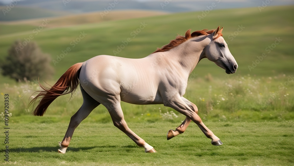 A majestic chestnut stallion grazes peacefully in a lush green meadow, surrounded by a herd of horses and a playful foal A majestic chestnut stallion grazes peacefully in a lush green meadow, surrounded by a herd of horses and a playful foal