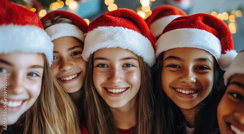 A group of high school girls wearing Santa hats, smiling for the camera at a Christmas party A group of high school girls wearing Santa hats, smiling for the camera at a Christmas party