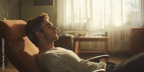 Sad Young Man Resting in Recliner Chair, Sunlit Room