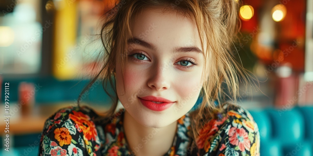 Naklejka premium Smiling Young Woman in Floral Dress, Cafe