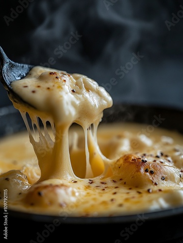 une fourchette avec un morceau de pain recouvert de fondue savoyarde qui coule, une bouche en second plan flou pour la manger, devant un fond noir,generative ai photo