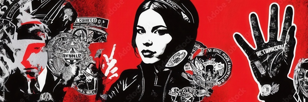 Obraz premium a stylized artwork with a red background. In the center, there is a black and white illustration of a woman with long hair, looking directly forward. To her right, there is a large hand with fingers 