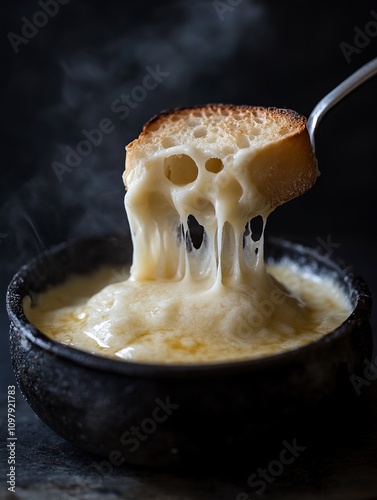 une fourchette avec un morceau de pain recouvert de fondue savoyarde qui coule, une bouche en second plan flou pour la manger, devant un fond noir,generative ai photo