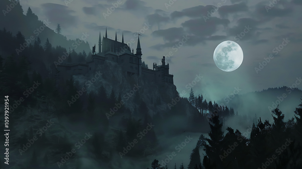 Eerie Night Landscape Featuring Tall Gothic Castle Silhouetted Against a Full Moon with Misty Forest and Dramatic Cloudy Sky Eerie Night Landscape Featuring Tall Gothic Castle Silhouetted Against a Full Moon with Misty Forest and Dramatic Cloudy Sky