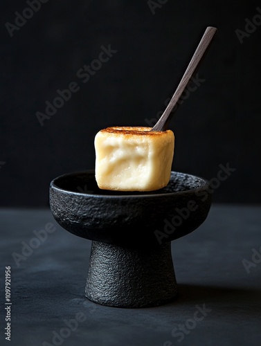 une fourchette avec un morceau de pain recouvert de fondue savoyarde qui coule, une bouche en second plan flou pour la manger, devant un fond noir,generative ai photo