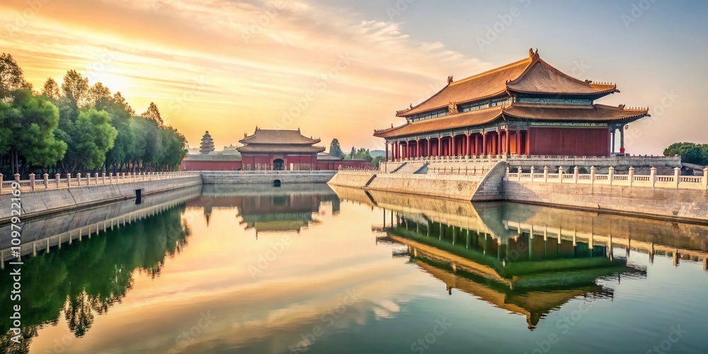 Obraz premium Minimalist Capture of the Iconic Architecture of the Forbidden City, Emphasizing the Harmony of Traditional Chinese Structures and Serene Surroundings in a Tranquil Atmosphere