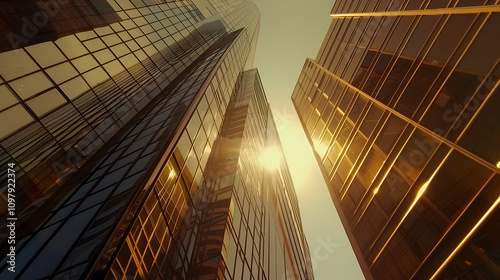 Captivating View of Modern Skyscrapers Reflecting Golden Light at Sunset with a Dynamic Perspective from the Ground Up Showcasing Architectural Beauty