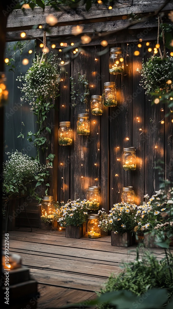 Rustic Garden Decor with Fairy Lights and Mason Jars