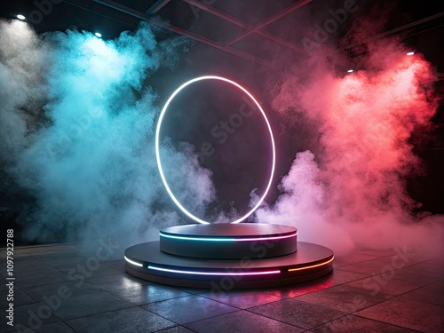 Neon Circle and Smoke Podium with Futuristic Aesthetic, Vibrant Colors, and Abstract Elements for Conceptual Photography