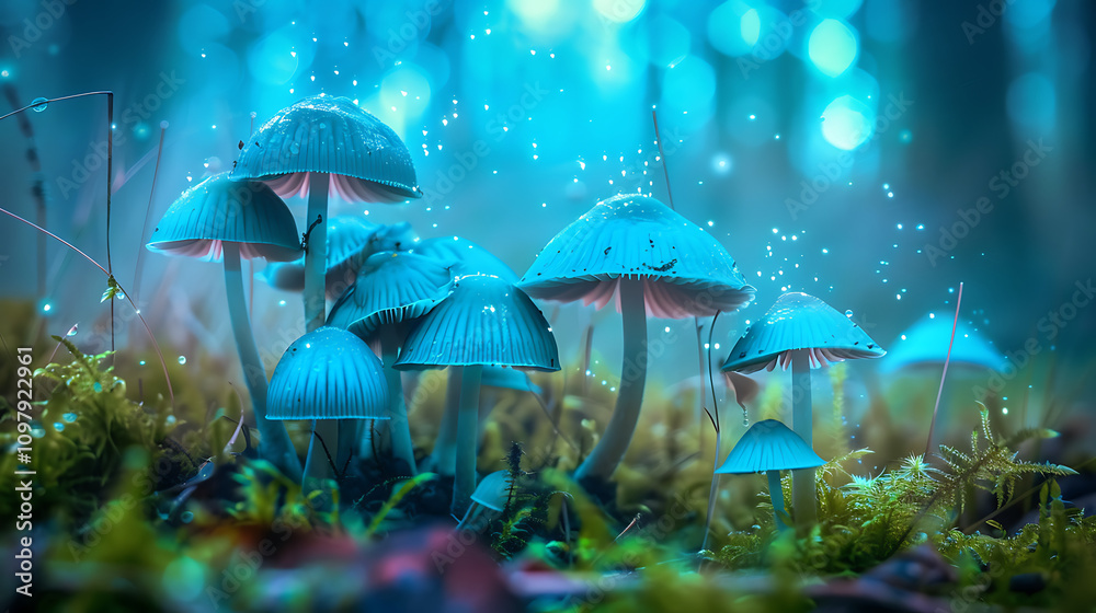 Fototapeta premium Enchanted Forest Scene Featuring Bright Blue Mushrooms with Glowing Effects and a Dreamy Background of Soft Focus Light Spotting
