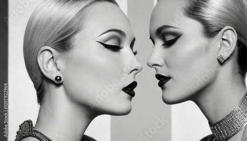  a black and white photograph featuring two women facing each other closely. Both women have sleek, pulled-back hairstyles and are wearing bold makeup, including dark lipstick and dramatic winged eyel photo