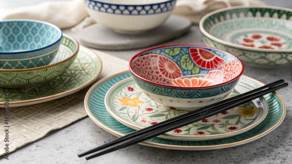 Overhead View of Elegant Ceramic Plates with Chopsticks – Asian Cuisine Inspiration, Table Setting, Food Photography, Dinnerware Aesthetics, Dining Experience, Culinary Art, Stylish Presentation Overhead View of Elegant Ceramic Plates with Chopsticks – Asian Cuisine Inspiration, Table Setting, Food Photography, Dinnerware Aesthetics, Dining Experience, Culinary Art, Stylish Presentation
