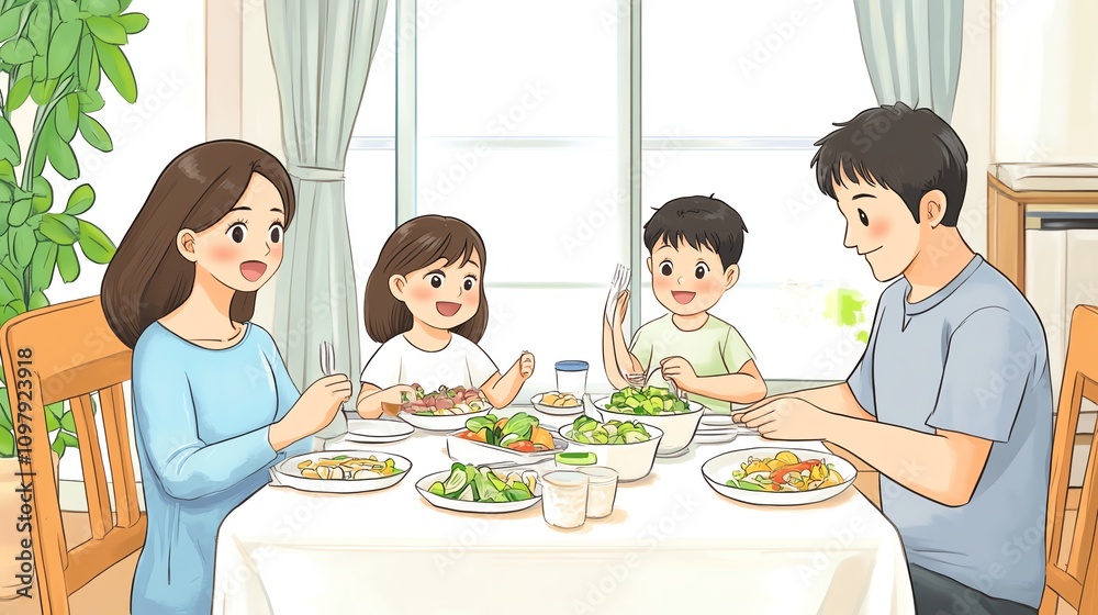a 2D cartoon illustration of a family having dinner at the dining table, cheerful and homey, white background--ar 16:9 a 2D cartoon illustration of a family having dinner at the dining table, cheerful and homey, white background--ar 16:9