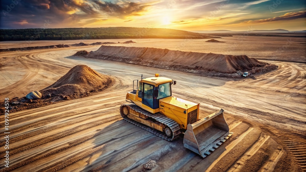 Minimalist Photography of a Bulldozer on a Construction Site Highlighting Industrial Machinery Amidst a Sparse Landscape with Clean Lines and Earthy Tones