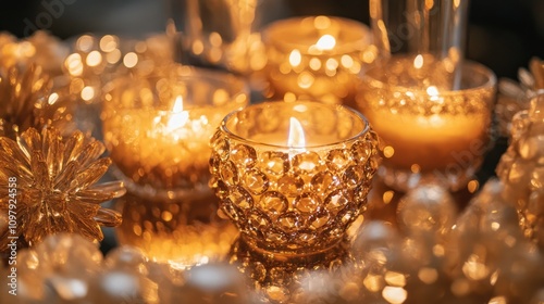 Glamorous gold table centerpieces featuring candles and sparkling gems. photo