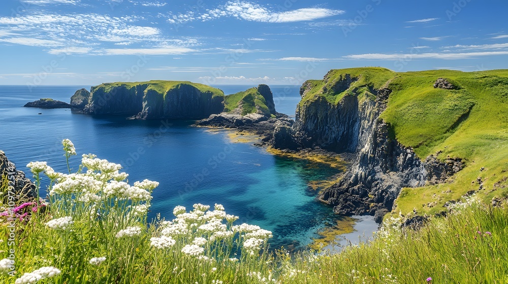 Obraz premium Vibrant coastal landscape showcasing lush greenery and calm turquoise waters.