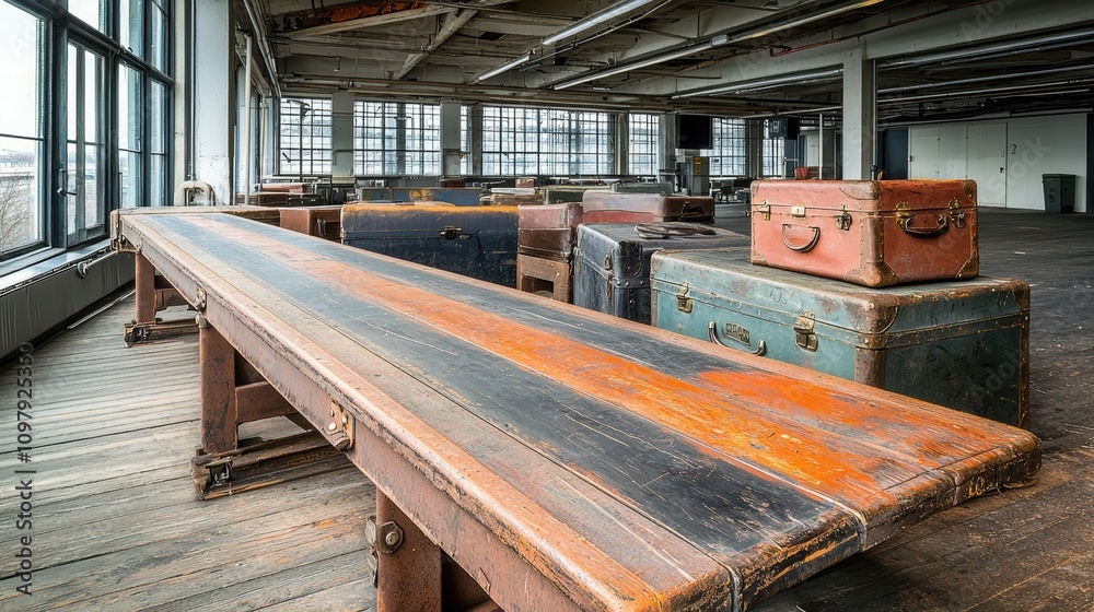 Naklejka premium Spacious industrial interior showcasing rustic wooden tables and vintage storage boxes with large windows.