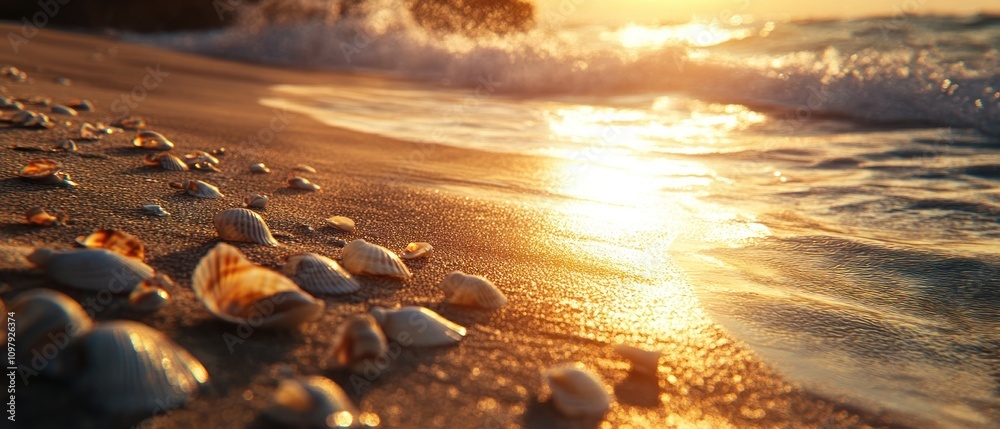 Obraz premium A serene beach scene at sunset with seashells scattered on the wet sand.