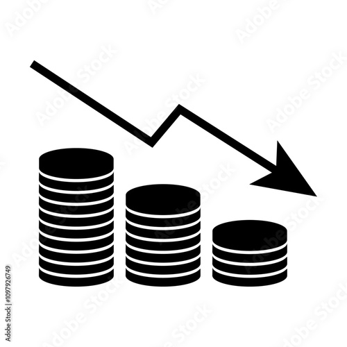 Declining business icon. Diminishing profits symbol isolated on white background. Piles of coins with falling graph graph. Finance, banking, stock market outline concept. Low profits.