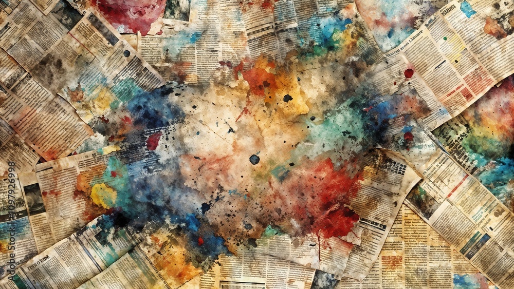 Fototapeta premium Seamless abstract newspaper paint splatter texture with colorful patterns
