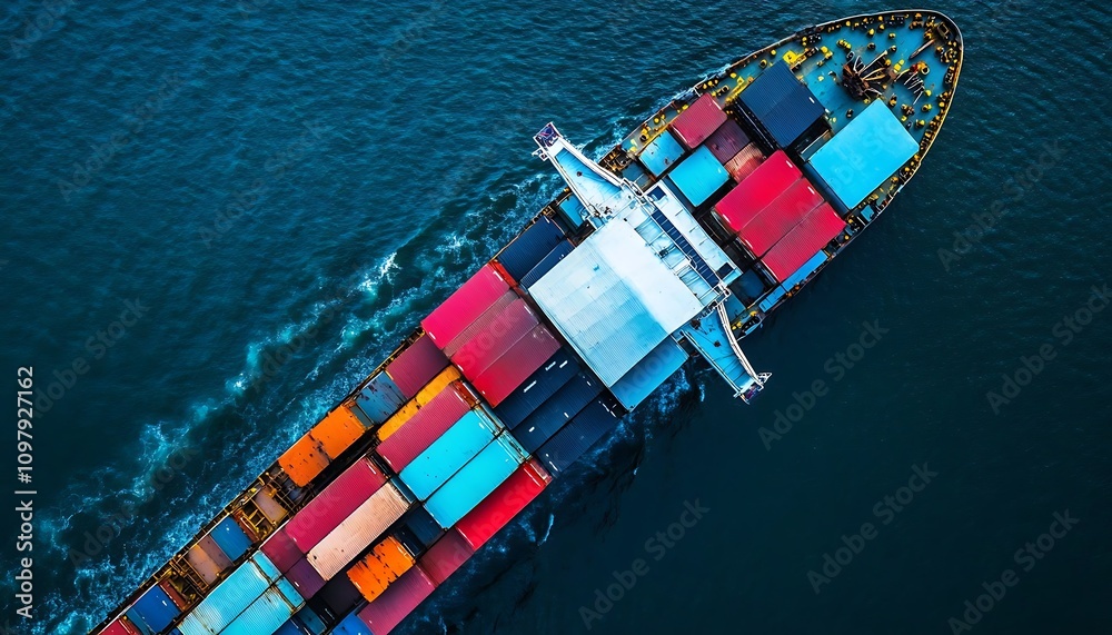 Fototapeta premium Aerial view of a cargo ship loaded with colorful containers navigating through water.