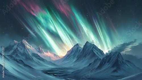 Aurora Borealis Displaying Over Snowy Mountains