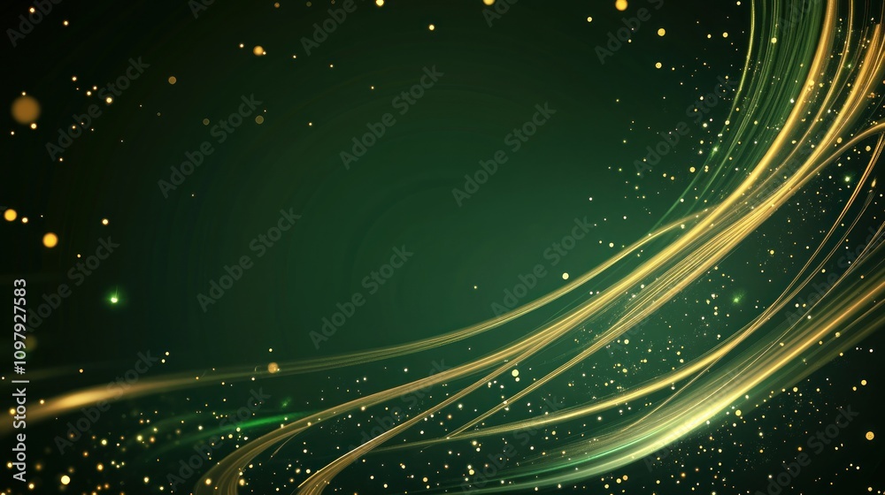 Fototapeta premium Abstract 3d gold curved line on dark green background with lighting effect and sparkle with copy space for text. Luxury design style