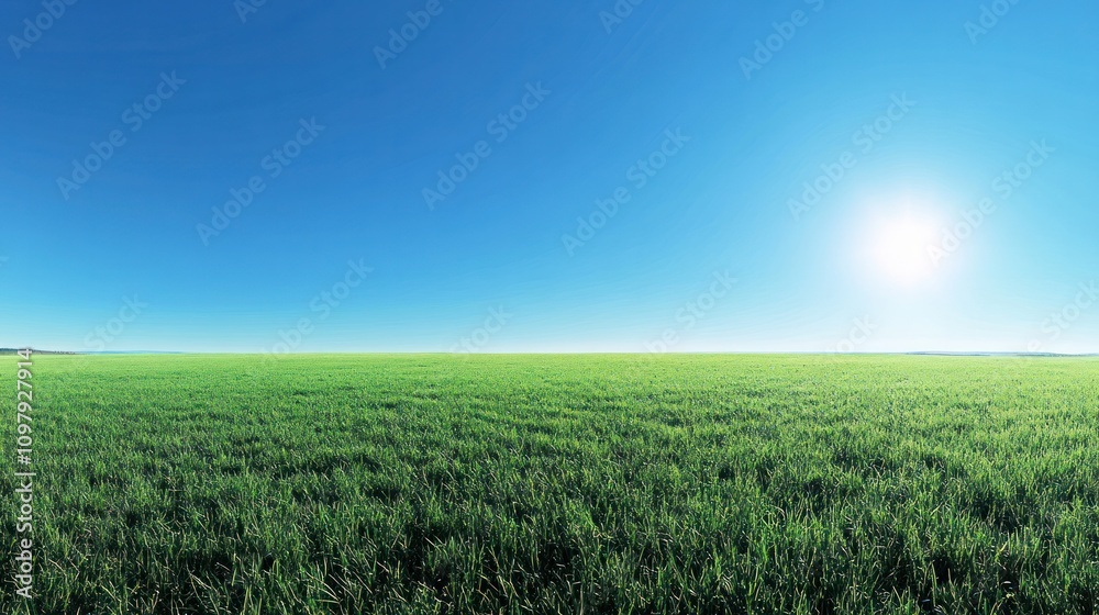 Obraz premium a peaceful meadow filled with lush green grass, under a clear blue sky that stretches endlessly.