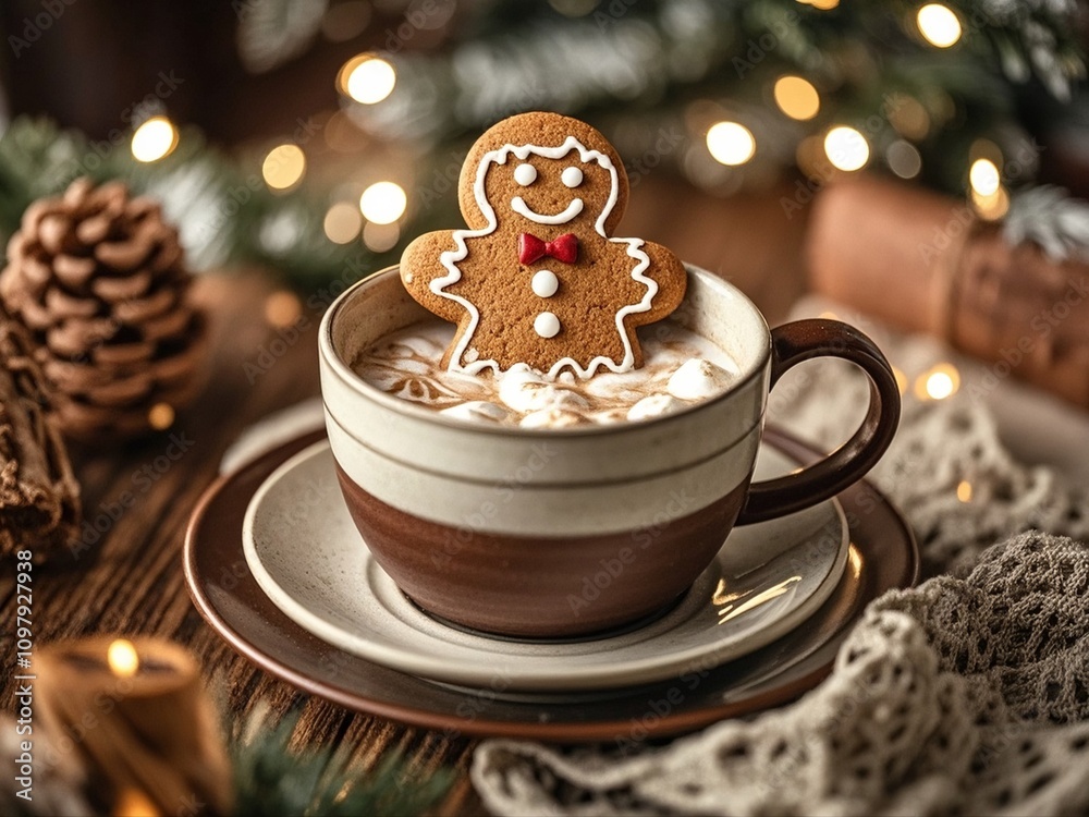 Gingerbread cookie man in a cup of hot chocolate or cappuccino.