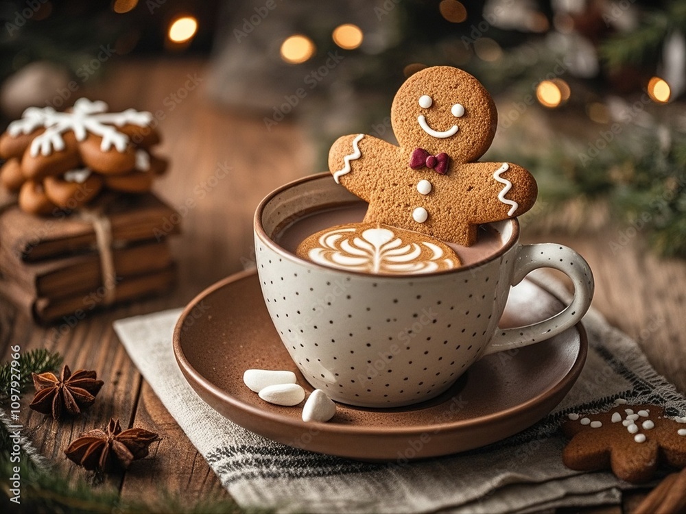 Gingerbread cookie man in a cup of hot chocolate or cappuccino.