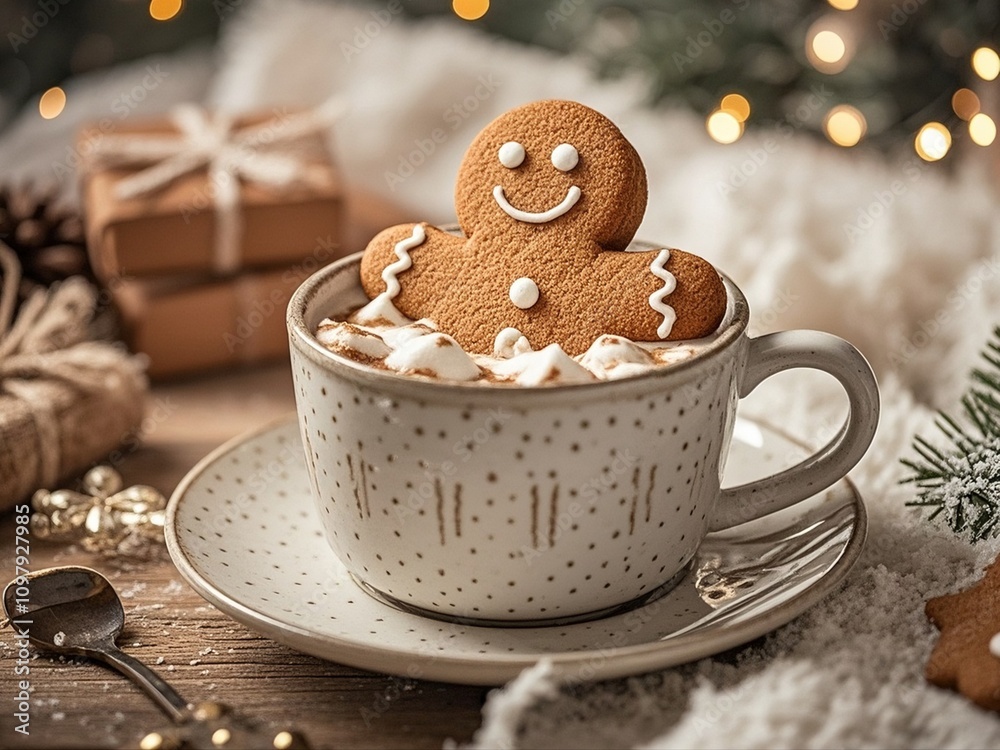 Gingerbread cookie man in a cup of hot chocolate or cappuccino.