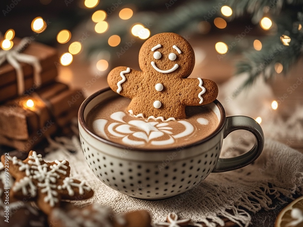Gingerbread cookie man in a cup of hot chocolate or cappuccino.