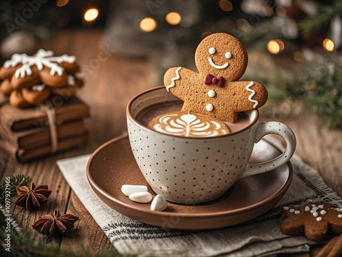 Obraz na płótnie Gingerbread cookie man in a cup of hot chocolate or cappuccino. w salonie