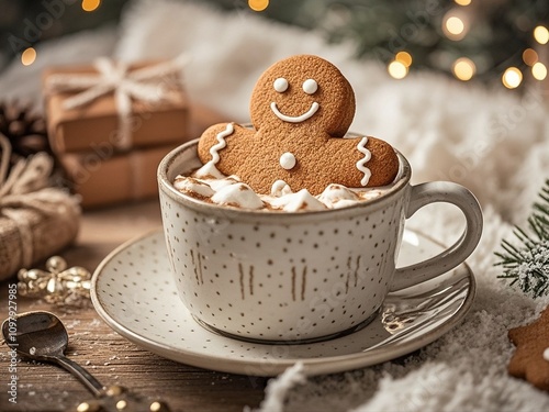 Obraz na płótnie Gingerbread cookie man in a cup of hot chocolate or cappuccino. w salonie