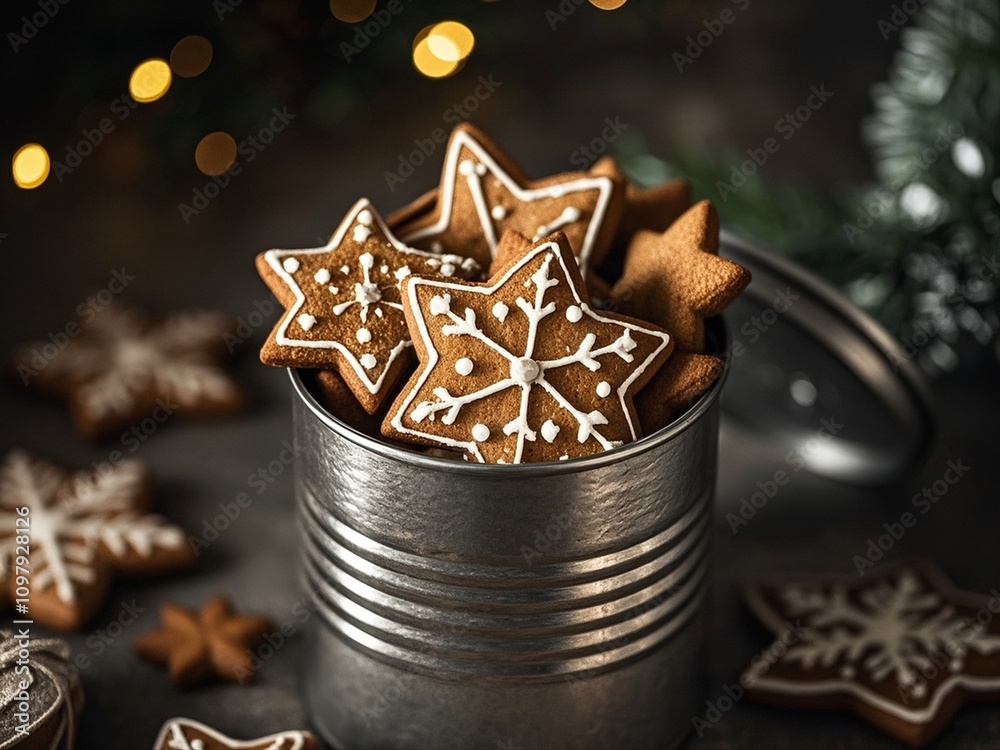 Christmas gingerbread stars cookies in a can on a dark background. Close-up.