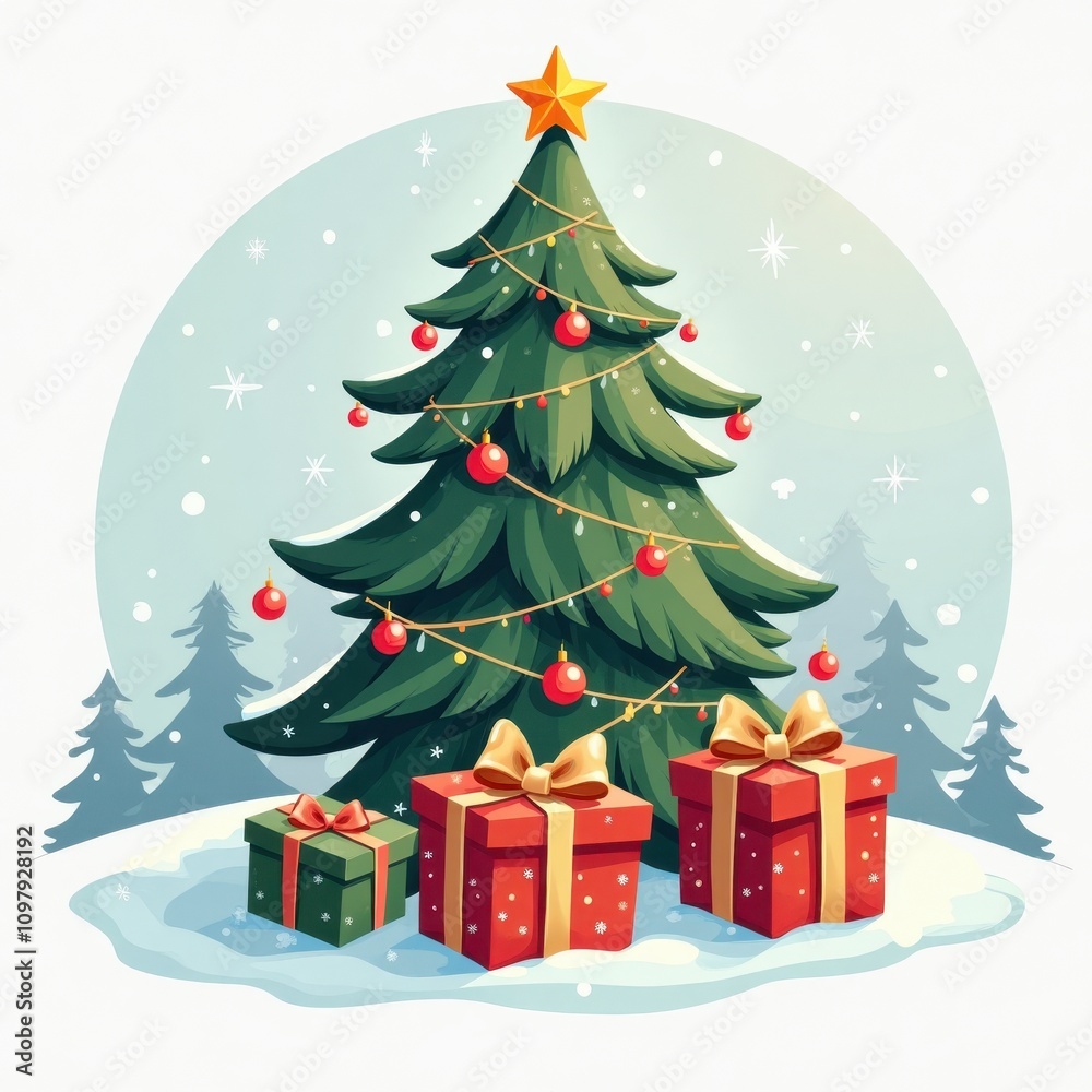 Obraz premium christmas tree with gifts isolated on white background in 2D art style