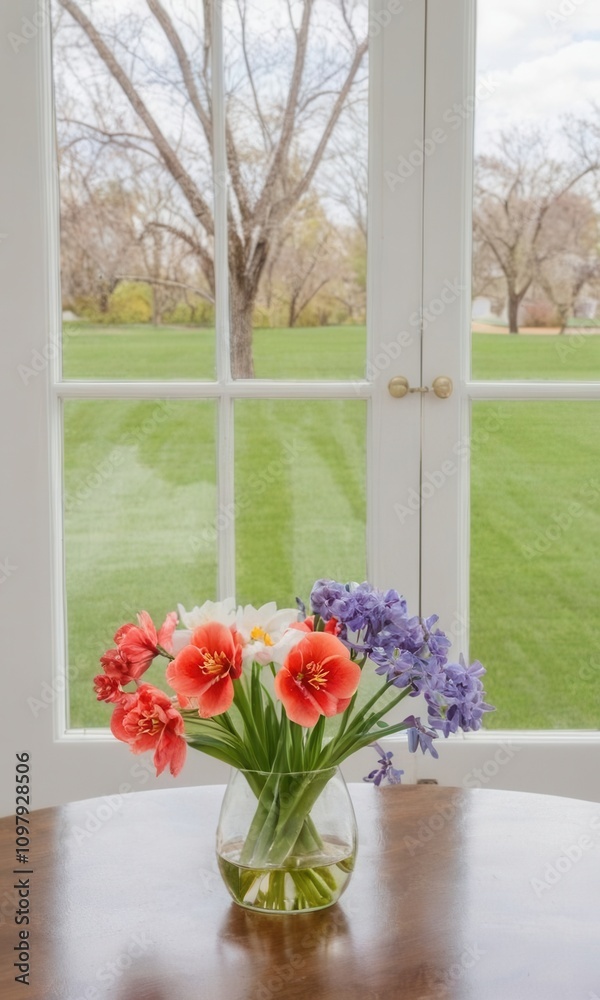 a vase of flowers placed on a wooden table in front of a large window. The vase contains a mix of red and purple flowers with green stems and leaves. The window behind the vase offers a view a vase of flowers placed on a wooden table in front of a large window. The vase contains a mix of red and purple flowers with green stems and leaves. The window behind the vase offers a view