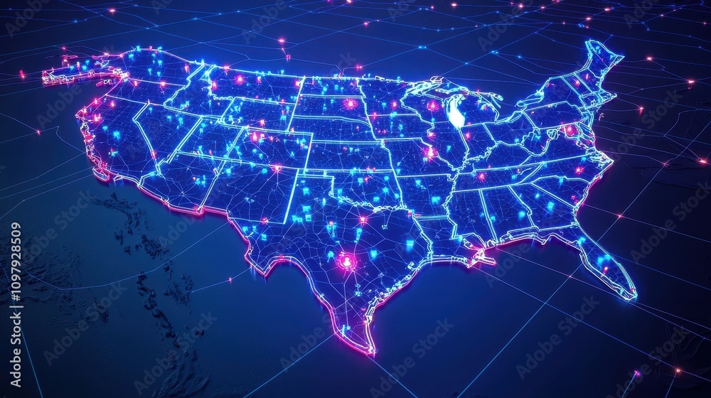 Fototapeta premium A digital map of the United States illuminated with glowing blue and pink network lines, representing connectivity and technology.