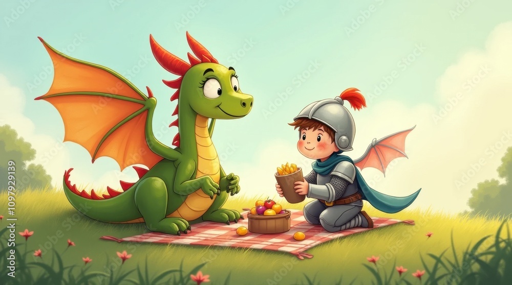 Naklejka premium A Playful Dragon and a Young Knight Sharing a Picnic