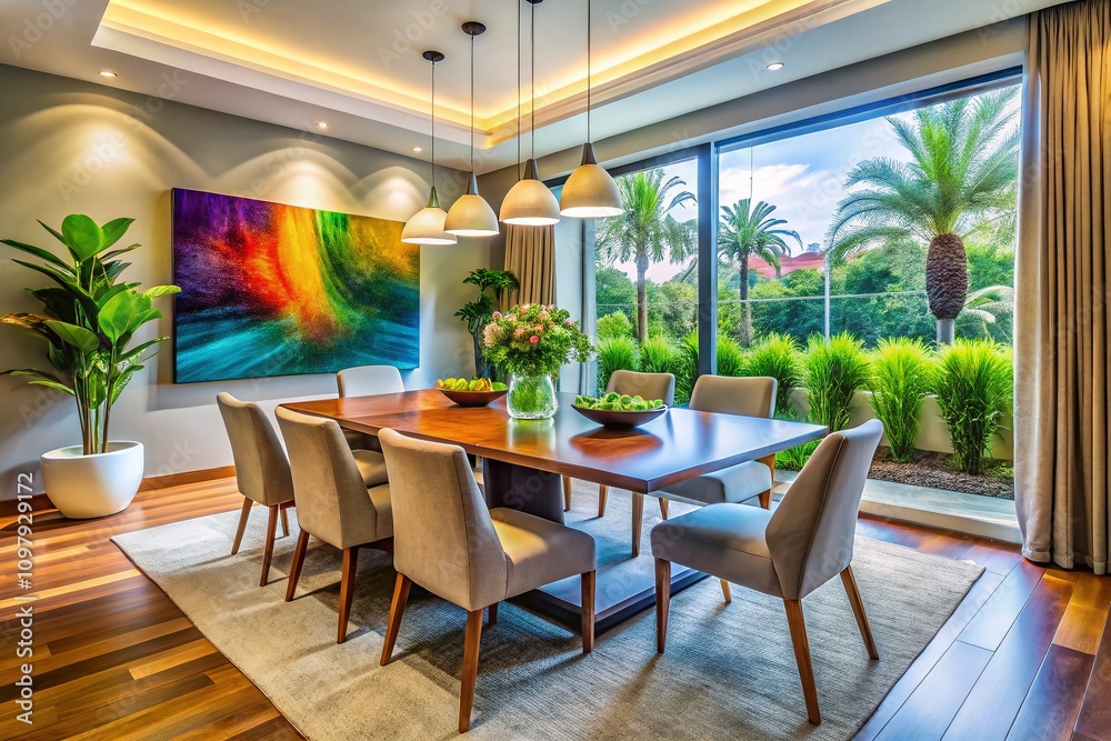Modern Dining Room with Elegant Table, Stylish Chairs and Contemporary Decor, Featuring a Bright Atmosphere and Minimalist Aesthetic for a Cozy Dining Experience Modern Dining Room with Elegant Table, Stylish Chairs and Contemporary Decor, Featuring a Bright Atmosphere and Minimalist Aesthetic for a Cozy Dining Experience